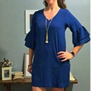 BELONGSCI Sweet & Cute V-Neck Bell Sleeve Shift Dress Mini Dress Blue Size XL